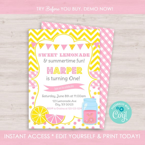 Pink Lemonade Printable Birthday Invitation Editable PDF