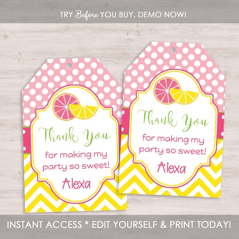 Pink Lemonade Favor Tags Editable Favor Tags Gift Tags Hang Etsy