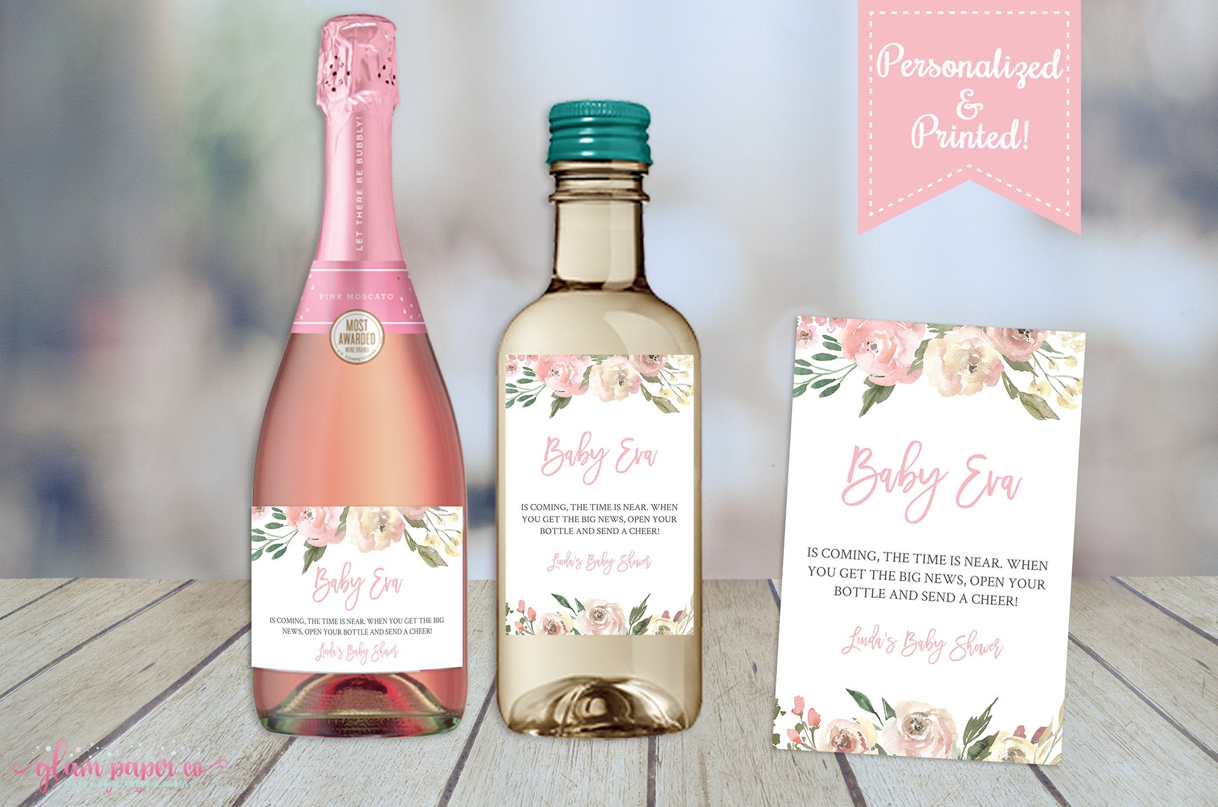 Baby Shower Mini Wine Bottle Labels, Baby Shower Favors, Personalized Baby Shower Labels, Custom Printed Labels, Neutral Flowers - Set of 10