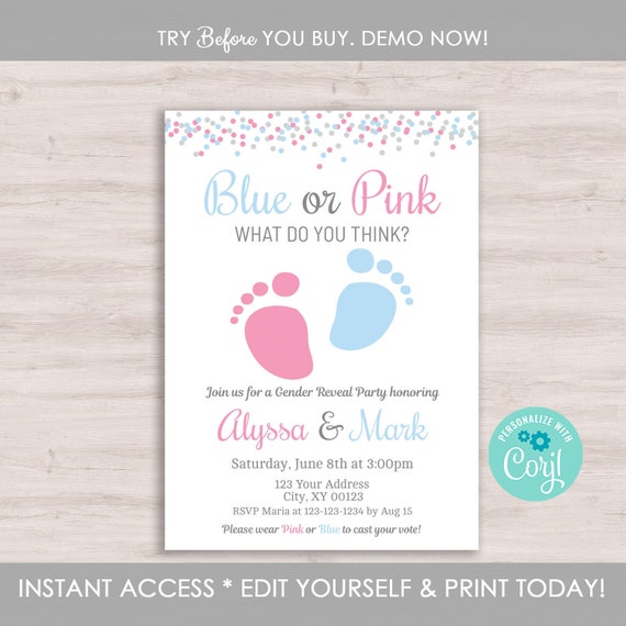 Gender Reveal Invitation Template Editable Gender Reveal Etsy