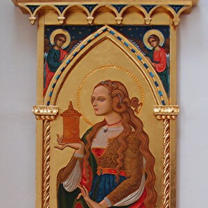 St Mary Magdalene unique icon Gothic tabernacle Catholic home altar custom rare icon hand crafted female saint altar Italian Renaissance art With angels