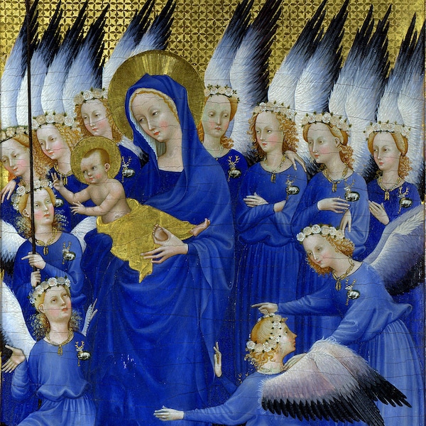 Virgin Mary with eleven angels Wilton diptych right panel Catholic home altar Madonna and child Catholic painting unique multi-figured icons