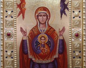 Byzantine rare icon of Praying Virgin and child Virgin Mary Greek hand painted icon with unique handmade frame Russian icon Virgin Platytera