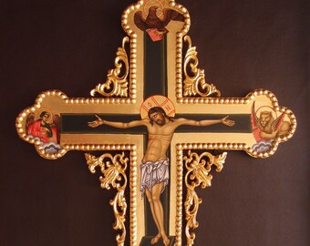 Orthodox cross with gilt carving and symbols of the four evangelists Classic  Crucifix unique home wall decor Christ on the cross home altar