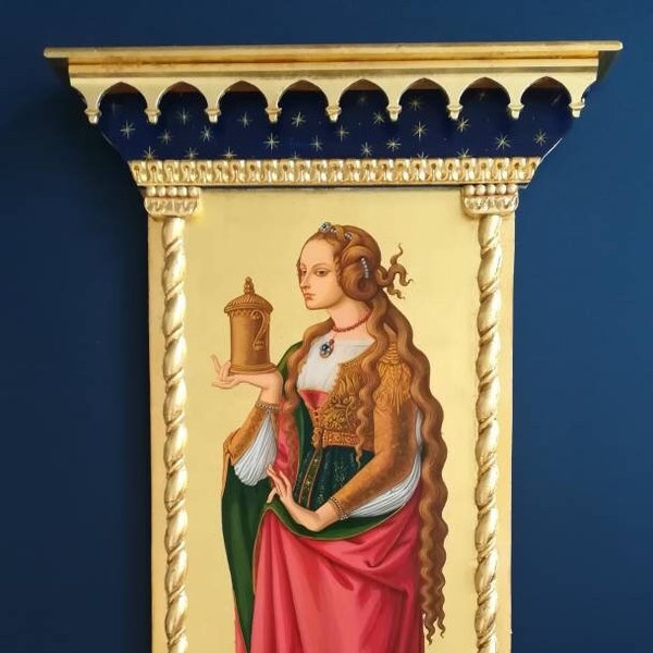 Icône unique Sainte-Marie-Madeleine, tabernacle gothique, autel de maison catholique, icône rare personnalisée, autel de saint féminin, art de la Renaissance italienne