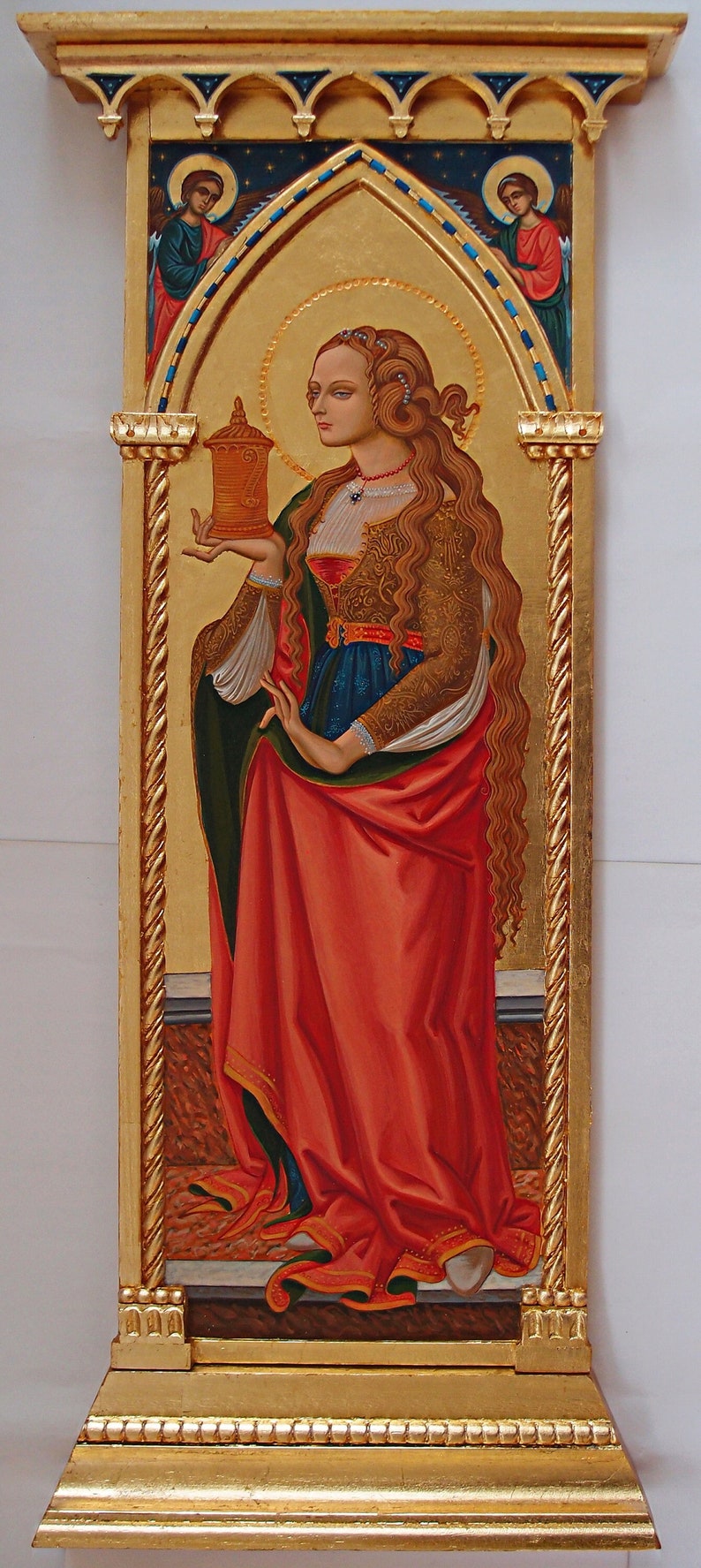 St Mary Magdalene unique icon Gothic tabernacle Catholic home altar custom rare icon hand crafted female saint altar Italian Renaissance art With angels