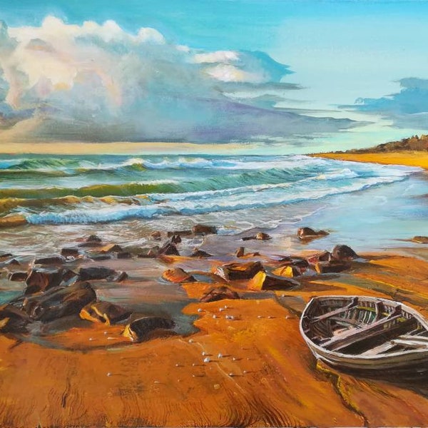 Paysage marin avec une peinture originale de bateau bord de mer avec des vagues paysage marin romantique acrylique sur toile paysage marin coloré salon décoration murale