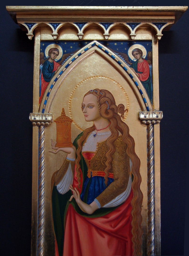 St Mary Magdalene unique icon Gothic tabernacle Catholic home altar custom rare icon hand crafted female saint altar Italian Renaissance art image 3