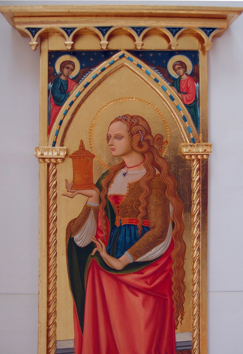 St Mary Magdalene unique icon Gothic tabernacle Catholic home altar custom rare icon hand crafted female saint altar Italian Renaissance art image 2