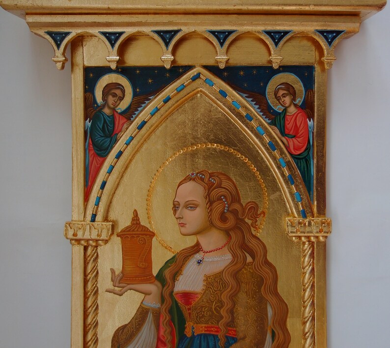 St Mary Magdalene unique icon Gothic tabernacle Catholic home altar custom rare icon hand crafted female saint altar Italian Renaissance art image 6