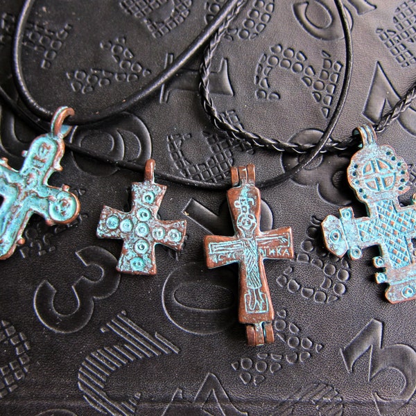 Copper christian crosses Unisex Orthodox Mid century Copper crosses with blue patina on real leather cord Medieval crosses gift for him