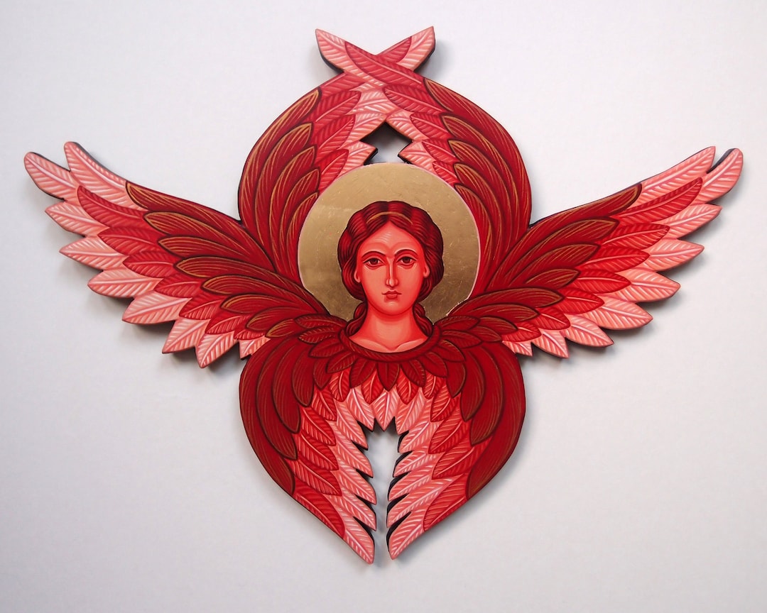Angel Red Seraph Cherub Hand Painted Carved Icon Orthodox Icon Carved