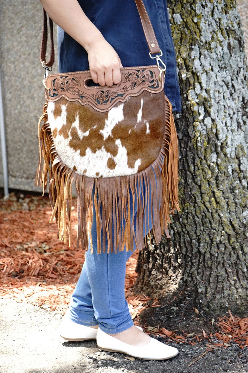 Cowhide Leather Bag With Fringe H8 Etsy
