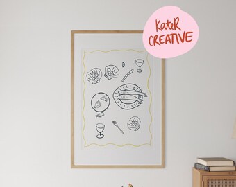 Impresión artística de pared ilustrada con comida al aire libre para cenar con pescado
