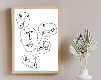 Impresión de caras dibujadas a mano: Arte mural inspirador (archivo digital)