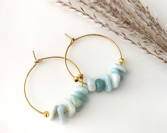 Amazonite Earrings, Crystal Earrings, Stone Hoop Earrings, Gold Hoop Earrings, Blue Stone Earrings