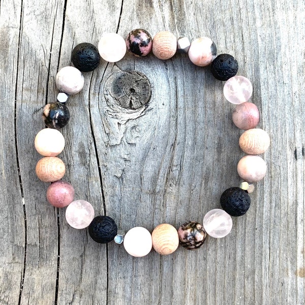 Zebra & Rhodonite Bracelet, Aromatherapy Bracelet, Essential Oil Bracelet, Wood Diffuser Bracelet, Pink Gemstone Bracelet, Wood Bracelet