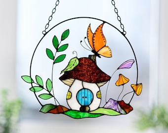 Mushroom House Stained Glass Suncatcher: Butterfly Garden Decor