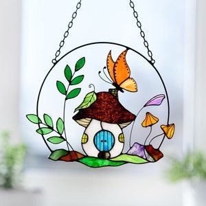 Acchiappasole in vetro colorato a forma di casa a forma di fungo: decorazione per giardino di farfalle