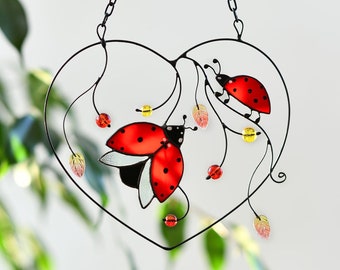 Ladybug in heart stained glass suncatcher Mothers Day gift window hangings decor