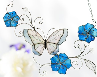 Stained glass butterfly Flowers suncatcher Mothers Day gift Wedding hangings decor Butterfly Garden Decor