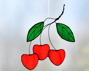 Kirsch-Buntglas-Sonnenfänger, Buntglas-Obstfensterbehänge, Kirschküchendekor, Kirschengartendekor