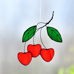 Attrape-soleil en vitrail cerisier, tentures de fruits en vitrail, décoration de cuisine en cerisier, décoration de jardin de bouquets de cerises