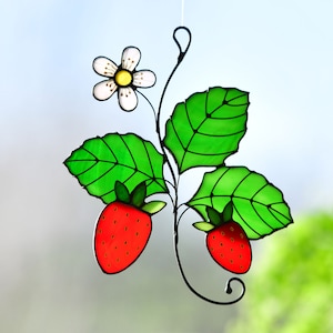 Strawberry stained glass window hangings, Stained glass fruit suncatcher,  Strawberry branch kitchen decor, Garden decor