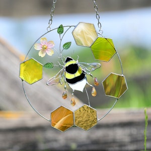 Bumble bee with Honeycomb stained glass window hangings Honey bee home and garden decor Beekeeper Christmas gift Flower ornament