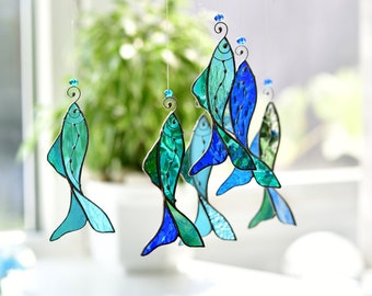 Stained glass fish suncatcher Turquoise fish hangings decor Fantasy blue fish lover gift decor Gift for fisherman