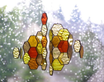 Honeycomb Suncatcher, Stained Glass, Bumble Bee, Geometric Wall Art, Modern, Wedding, Honey Bee, Hanging Stained Glass decor