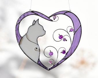 Stained Glass Cat in Heart, Valentine's Day Cat Lover Gift, Cat Ornament, Stained Glass Cat Suncatcher, Stained Glass kitten window hangings