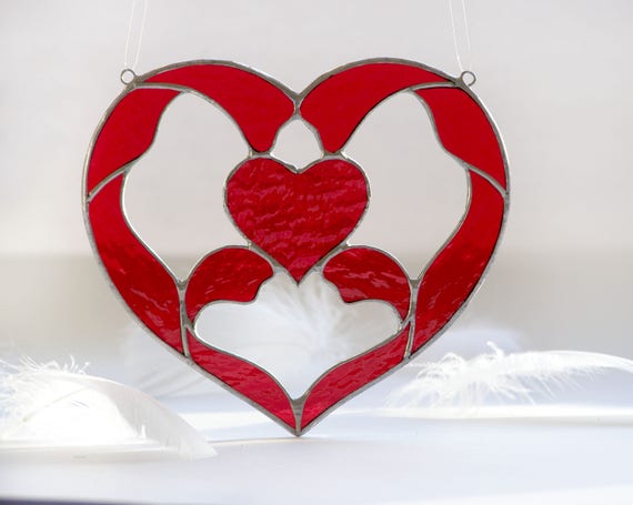 Stained Glass Heart Suncatcher, Red and Clear, Valentines Day Gift