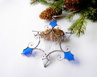 Snowflake, Christmas Ornaments, Christmas Tree Ornaments, Stained Glass Snowflake, Christmas Gift, Wedding Decor, Glass Suncatcher