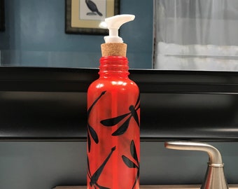 Large Dragonfly Hand Soap Dispenser, Hand Painted in Sunset and Metallic Blue and Black