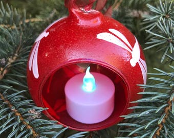 Dragonfly Ornament, Lighted, Hand Painted Glass in Red and White