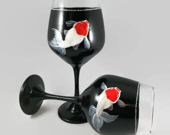 Hand Painted Wine Glasses, Goldfish and Lotus Flowers Design