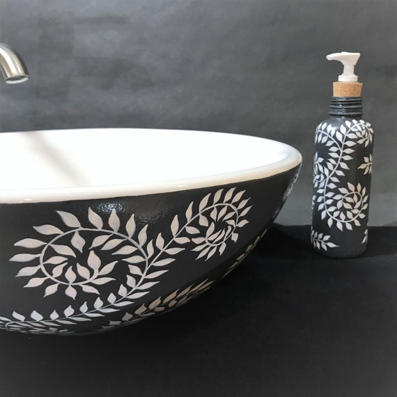 Large Glass Soap Dispenser, Hand Painted Fiddle Head Fern Design in Cream and Green Large Glass Soap Dispenser, Hand Painted Fiddle Head Fern Design in Cream and Green