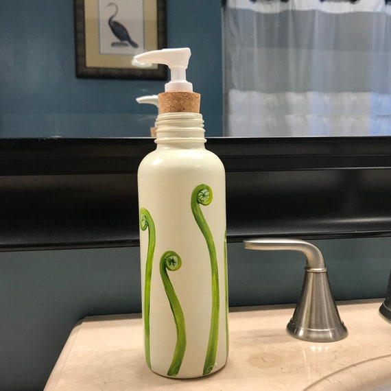 Large Glass Soap Dispenser, Hand Painted Fiddle Head Fern Design in Cream and Green Large Glass Soap Dispenser, Hand Painted Fiddle Head Fern Design in Cream and Green