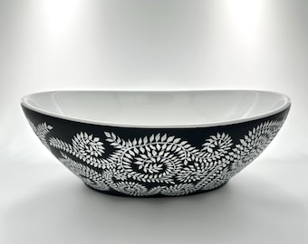 Hand Painted Ceramic Sink, Oval, Charcoal and White Ivy Design