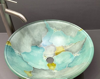 Handbemaltes Waschbecken aus Glas in Türkis, Gold und Grau