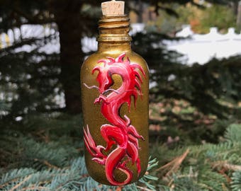 Dragon Ornament, Hand Painted Glass, in Red and Gold