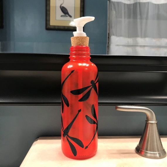 Large Glass Soap Dispenser, Hand Painted Fiddle Head Fern Design in Cream and Green Large Glass Soap Dispenser, Hand Painted Fiddle Head Fern Design in Cream and Green