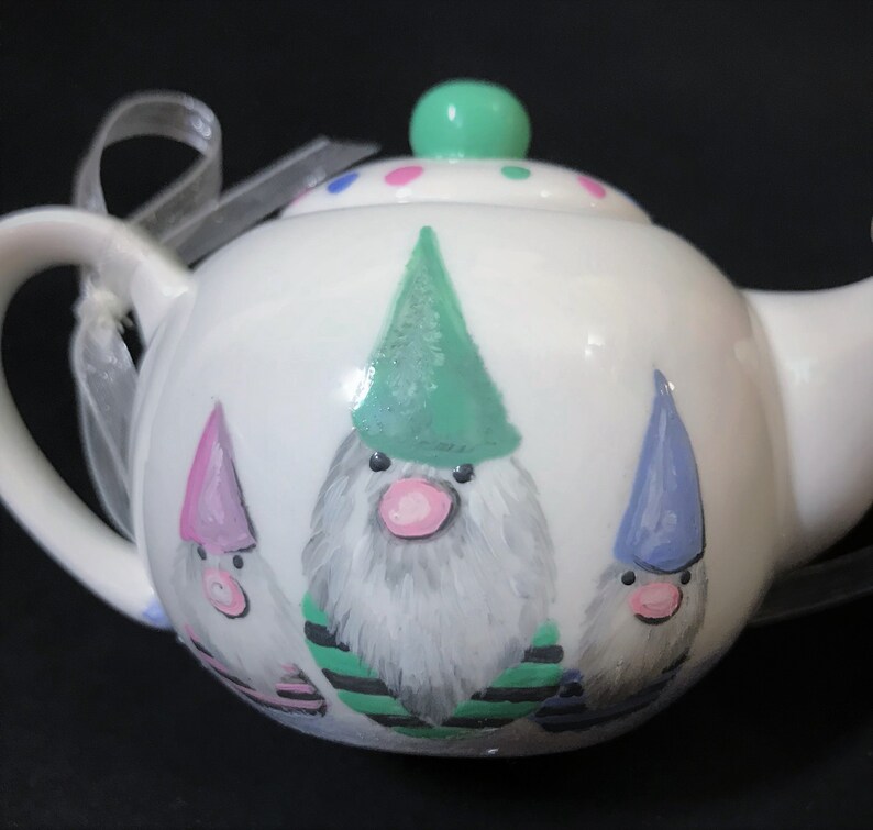 Gnome Ornament Hand Painted Cermaic Ornament Teapot Gnome Etsy