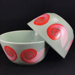 Hand Painted Ceramic Bowls, Spiral Shells, Soft Sea Green and Coral