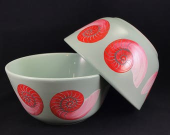 Hand Painted Ceramic Bowls, Spiral Shells, Soft Sea Green and Coral