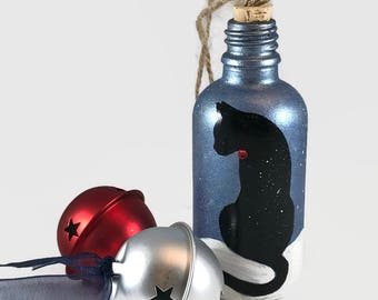 Cat Ornament, Hand Painted Glass Ornament, Cat with Bell in the Snow