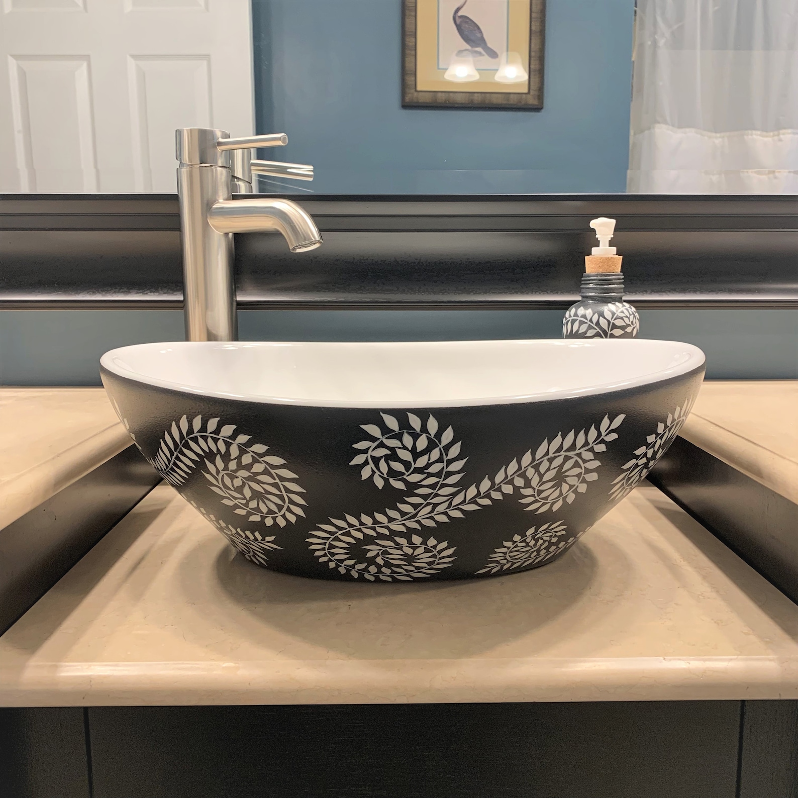 Ceramic Vessel Sink Oval Hand Painted Charcoal and White Ivy Etsy