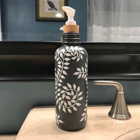 Large Glass Soap Dispenser, Hand Painted Fiddle Head Fern Design in Cream and Green Large Glass Soap Dispenser, Hand Painted Fiddle Head Fern Design in Cream and Green