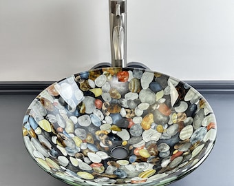 Hand Painted Glass Vessel Sink, Rocky River Bed Design